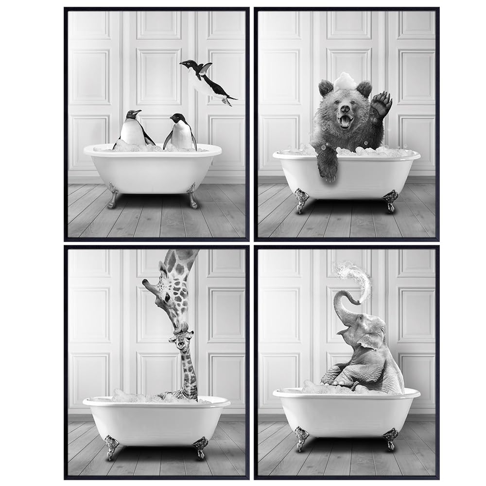 Bath Wall Decor LARGE 11x14 - Bathroom Decor for Women Kids - Funny Bathroom Wall Art Pictures - Cute Gray Bathroom Decorations Accessories - Powder room Bathroom Sign - Elephant Bear Giraffe Penguin