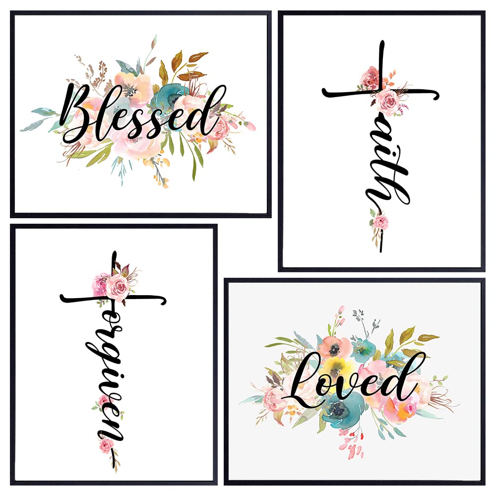 Blessed Wall Decor - Christian Wall Art for Office, Church, Living Room, Bedroom, Kitchen - Religious Gifts for Women, Girls - Bible Verse Scripture Signs - Boho Floral Shabby Chic Home Decoration Set