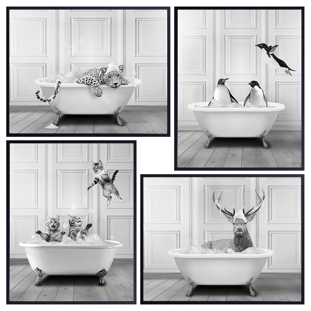 funny Bathroom Pictures - Bathroom Sets for Kids Girls Women - small Bathroom Wall Decor - Family Wall Art - Apartment Decor - Restroom Accessories - Cute Bathroom Decor - Cat Deer Leopard Penguin