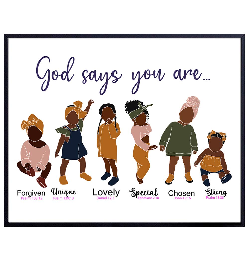 God Says You Are Wall Art - Religious Wall Decor for African American Girls - Christian Gifts - Scripture Wall Decor - Daughter Gifts - Black Girls Room Decor - Uplifting Inspirational Bible Verses