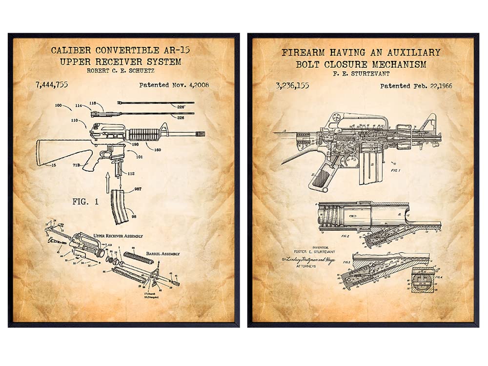 Original M16, AR-15 Patent Print Set - Weapon Wall Decor Posters - Gift for Gun, 2nd Amendment, NRA, Military, Firearms, Rifle Fans - Home Art for Man Cave, Office, Living, Game or Family Room