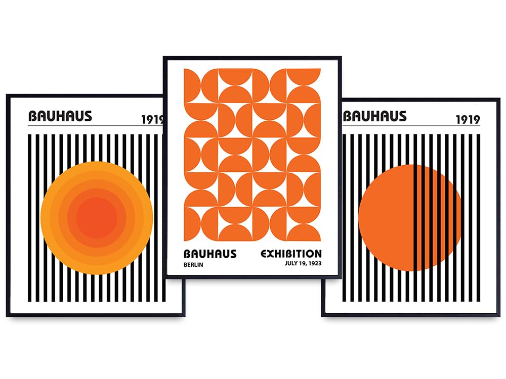 Bauhaus Geometric Wall Art &amp; Decor - Orange Abstract art - Minimalist Living room Home Decor - Aesthetic Room Decor - Modern art - Mid-century modern Wall Decor- Retro Boho Farmhouse Gallery Wall Art