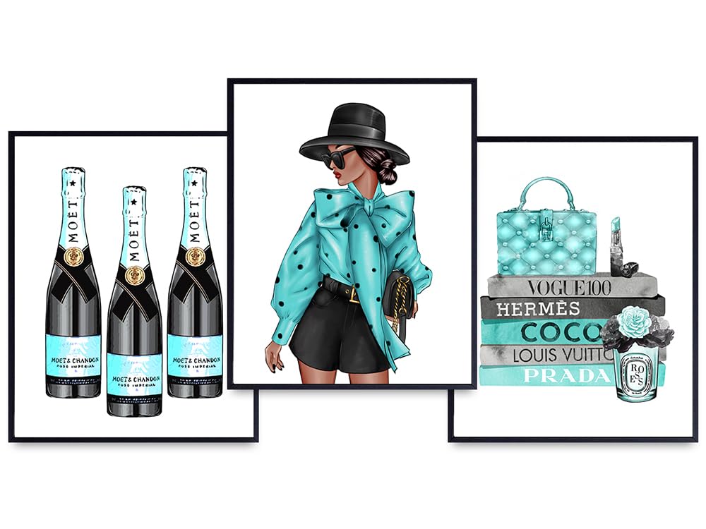 Blue High Fashion Design Poster Print of Louis Vuitton, Prada - Black Woman, African American Women Gifts - Couture Designer Glam Wall Decor - Latina, African American Woman - Black Culture - 3-8x10&