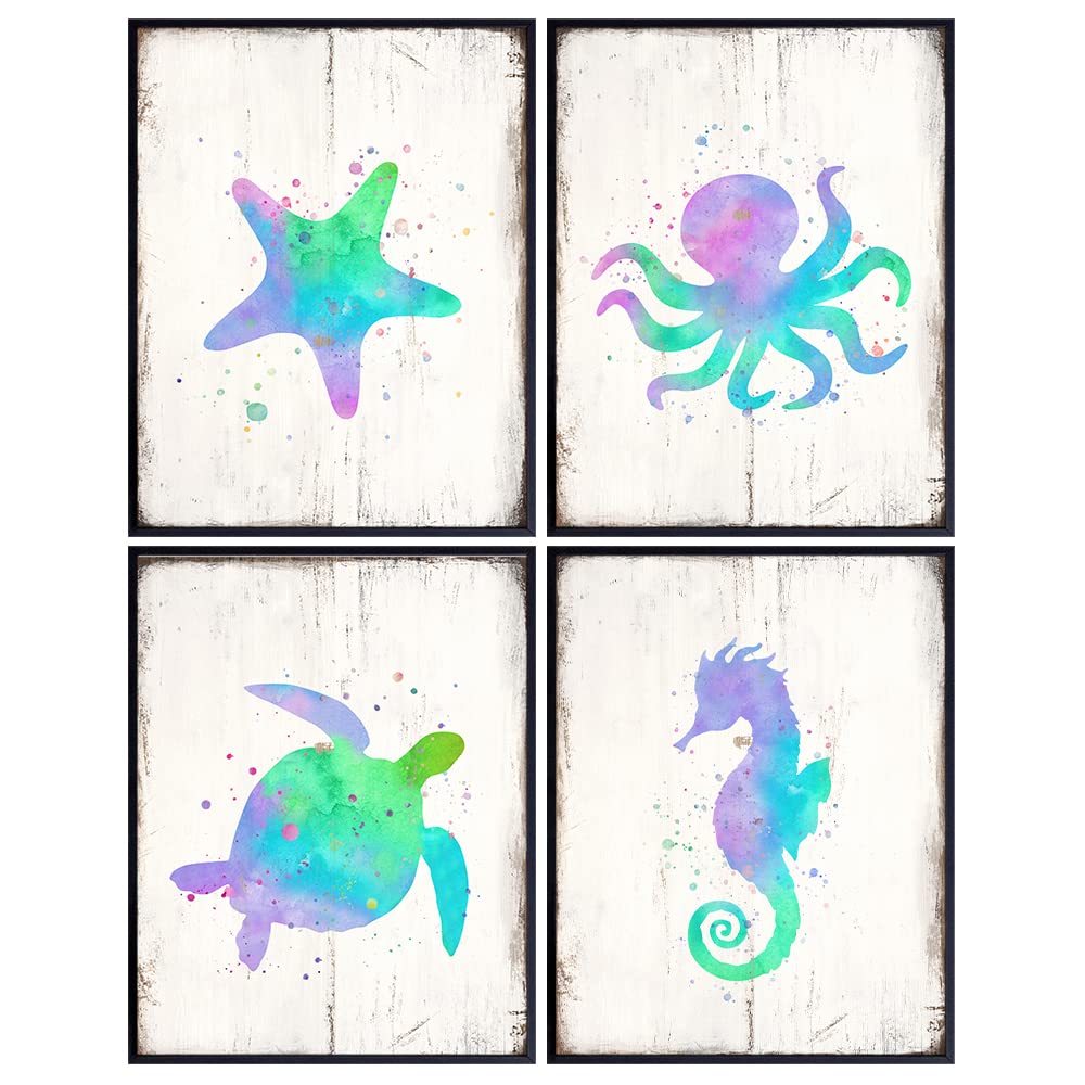 Starfish, Octopus, Sea Turtle, Seahorse Nautical Wall Decor Set - 8x10 Ocean Sea Themed Wall Art Decorations for Girls, Boys, Kids, Toddler Bedroom, Baby Room, Bathroom, Beach House - Gift for Women
