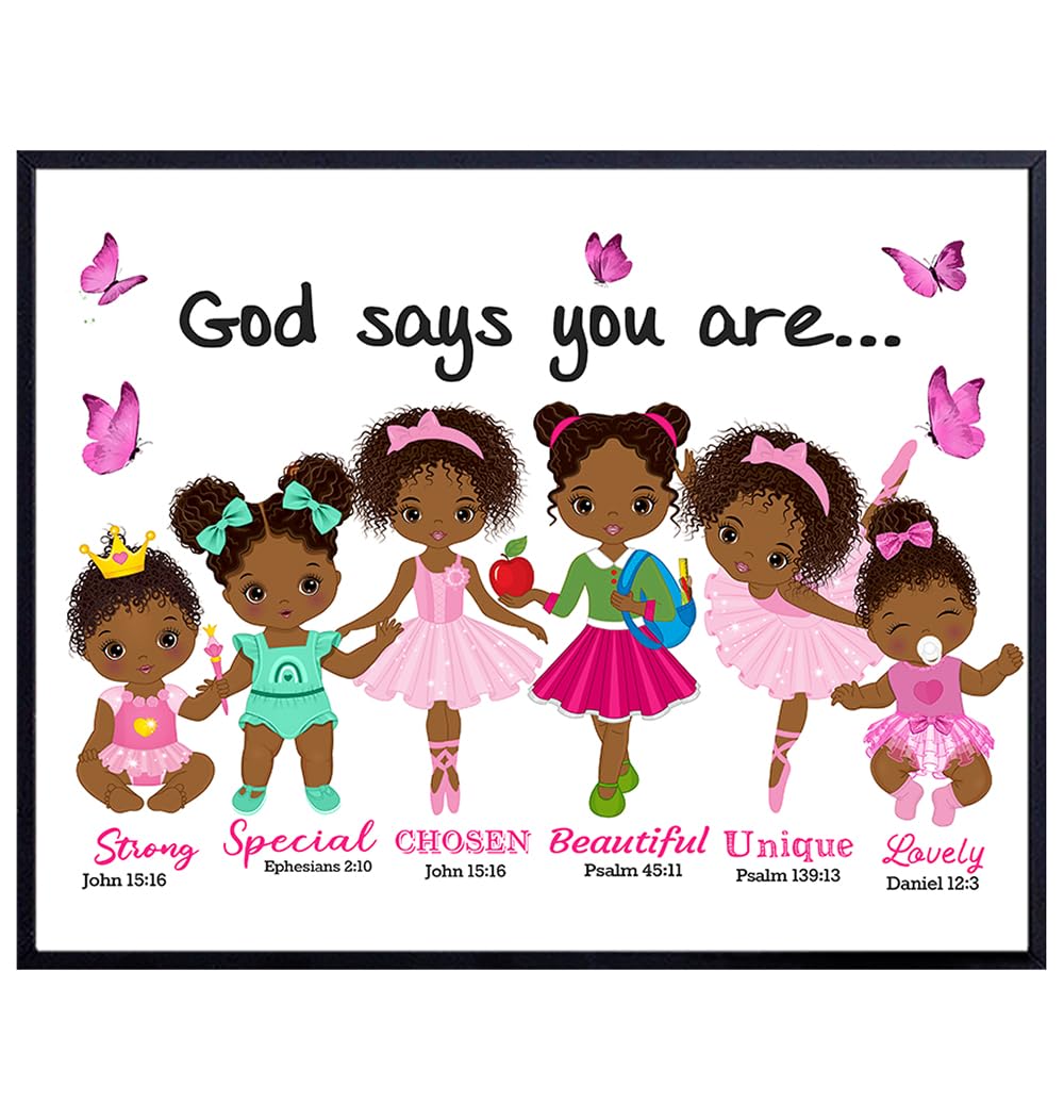 Black Girl Religious Wall Art 11x14 - Christian Gifts - Inspirational Bible Verse African American Wall Decor - Scripture Wall Art - Baby Nursery Bedroom Decor - Motivational Quotes poster - God Says