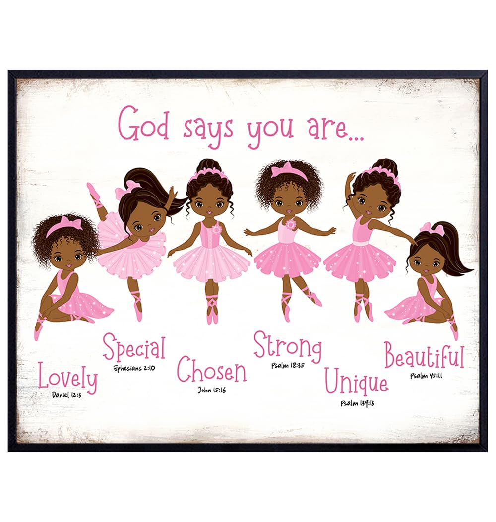 Black Afro African American Girl 11x14 - God Says Christian Bible Verses Wall Art - Religious Room Decor - Toddler Little Girls Bedroom Decor - Pink Ballerina Baby Room Decorations - Daughter Gifts