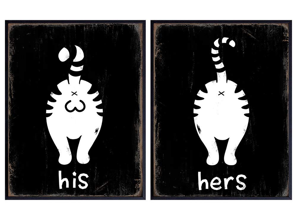 Cat Wall Decor - Funny Bathroom Decor - Restroom Sign Set - Male, Female, Boys, Girls, Mens, Womens, Bathroom Wall Art Poster Print Decorations - Bar, Cafe, Restaurant, Guest Bath, Powder Room, Home