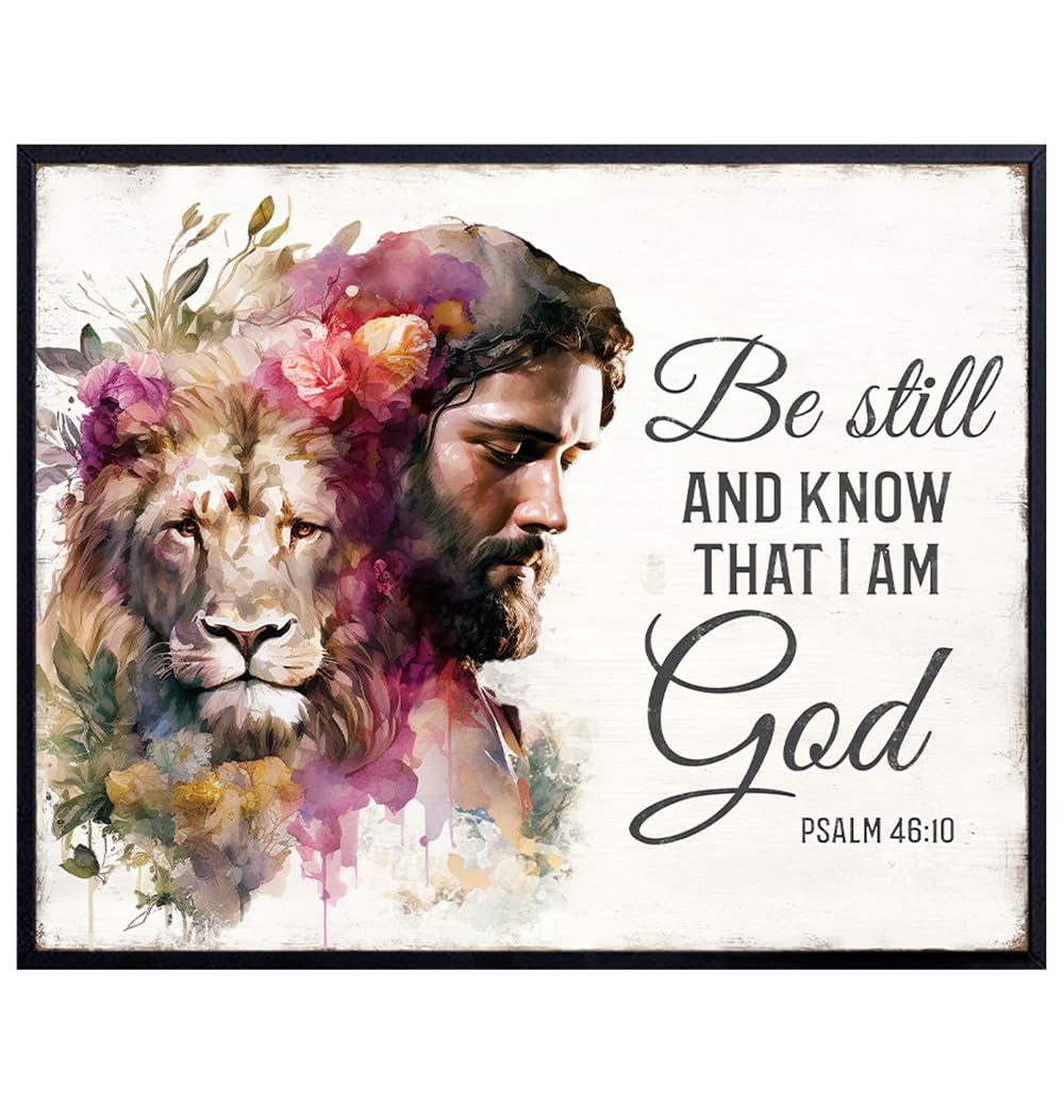 Jesus Wall Decor - Jesus Christ - Be Still And Know That I Am God - Christianity Christian Gifts - Jesus Poster - Psalm Bible Verse Wall Art - Religion Religious Wall Decor - Lion spiritual Room Decor