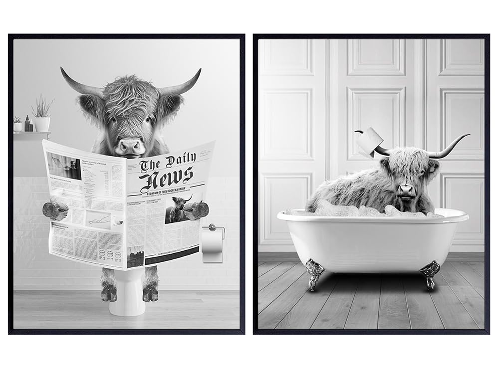 Highland Cow Bathroom Decor - Country Farmhouse Bathroom Decor - Funny Bathroom Wall Art &amp; Decor - Gray Small Bathroom Decorations - Bath Wall Art Pictures Set - Cute Powder room Accessories UNFRAMED