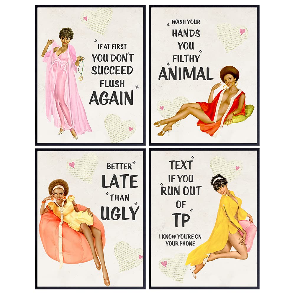 African American Wall Art - Bathroom Wall Decor - Vintage Bathroom Wall Art - Funny Bathroom Decor for Afro American Black Women - Retro Bath Wall Decor - Guest Bathroom - Powder Room - Restroom Sign