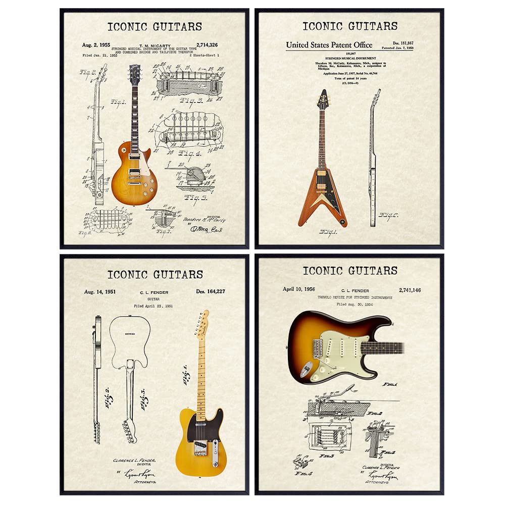 Guitars Patent Print Set - Gift for Musician, Guitar Player - Vintage Iconic Wall Art Posters - Bedroom, Living Room Home Decor - 4-8x10 - Unframed