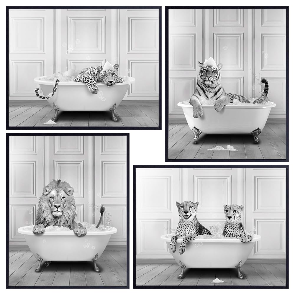 Gray Black Cat Bathroom Decor - Modern Bathroom Accessories - Lion Tiger Leopard Cheetah Print Decor - Kids Bathroom Pictures Set - cute Bathroom Wall Art - funny Bathroom Decor - Cheetah Print Decor