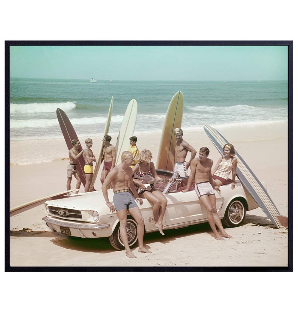 Vintage Mustang Classic Car Surfing Photo - Ocean Decor - Coastal Wall Art - Beach Wall Decor - Retro Tropical Summer Room Decor, Home Decorations for California, Hawaii Fans - Gift for Surf Fan