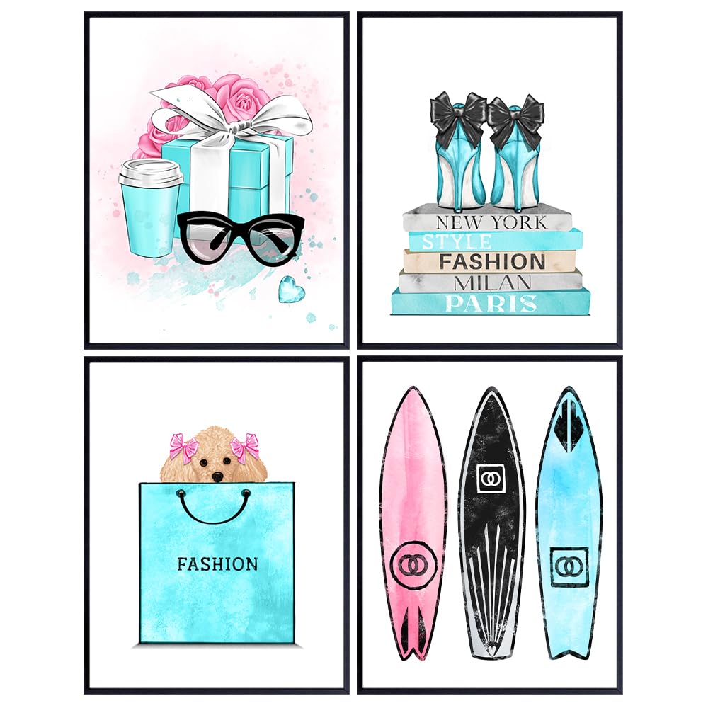 Yellowbird Art &amp; Design Glam Wall Art &amp; Decor - Fashion designer Poster Set - Designer Home Decor for Woman Teen Girl Bedroom Living room Pink Blue Bling Glamour decoration - Haute couture Luxury Gift