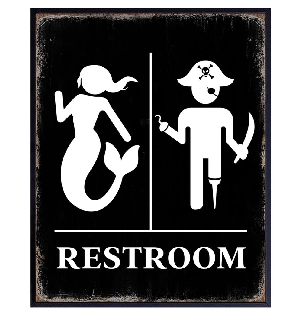 Restroom Sign Nautical Wall Decor - funny Bathroom Decor for Women, Men, Teens - Pirate Mermaid Decorations - Cute Lake House Decor Bathroom Wall Art - Bathroom Accessories for Beach House, Ocean Home