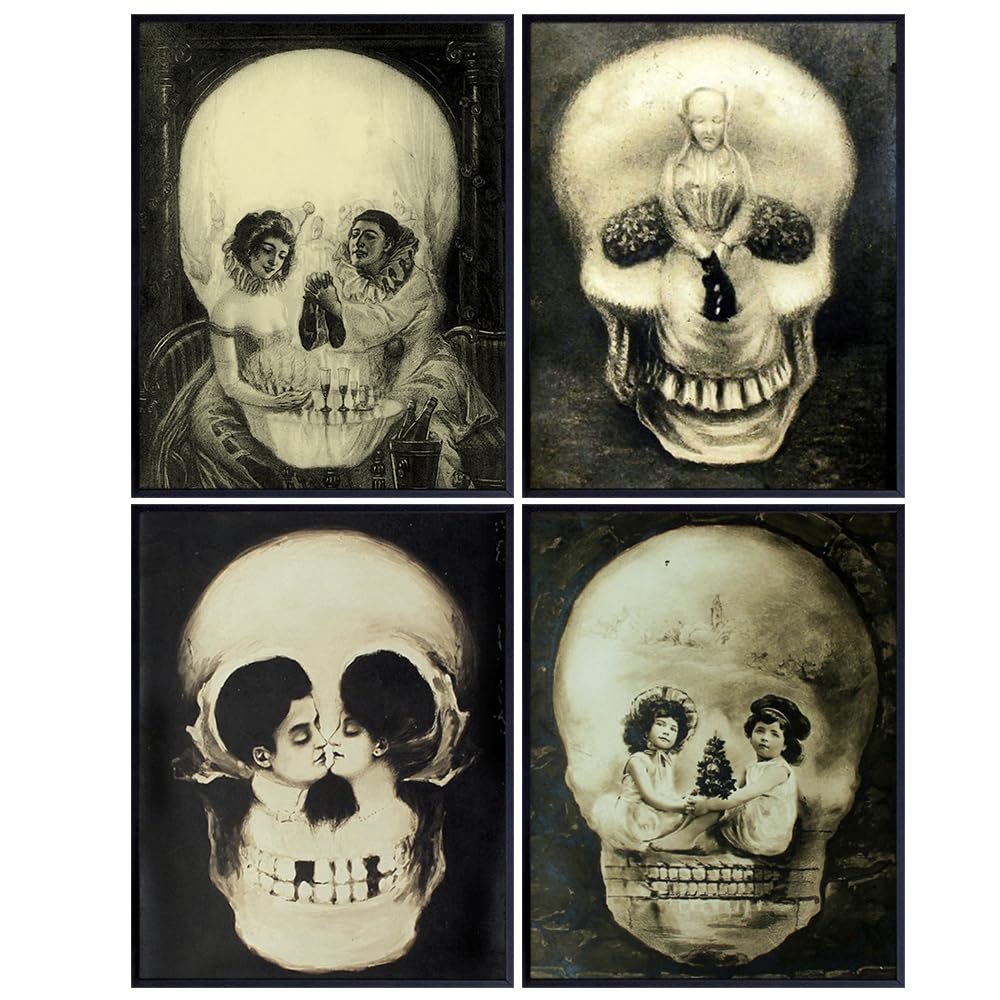 Vintage Gothic Skull Decor 11x14 - Creepy Optical Illusions - Pagan Decor - Spooky Gothic Living Room Decorations - Vintage Victorian Goth Wall Art - Scary Halloween Wall Decor - Skeleton Posters Set