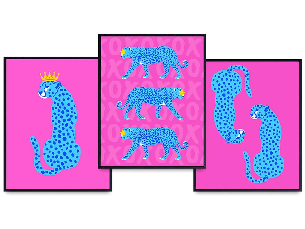 Leopard Cheetah Wall Art &amp; Decor - Mid-century Modern Wall Decor - Pink Blue Retro style Vintage Preppy Room Decor Modern Art - Cute Minimalist Living room Home Decor - Trendy Decor - Women Teen Girls