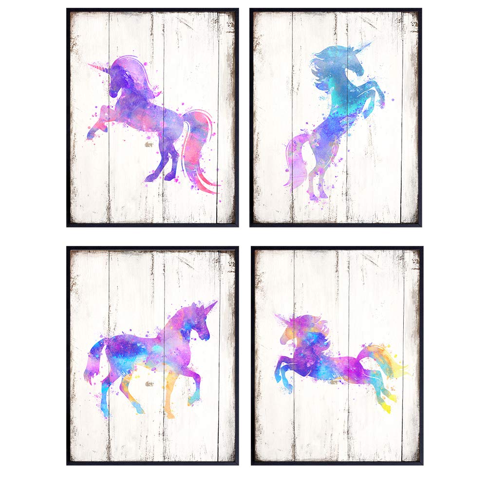 Unicorn Room Decor for Girls Bedroom, Living Room, Bathroom - Wall Art, Birthday Party Decorations or Unicorn Gift for Girls, Kids, Women - Cute 8x10 Rustic UNFRAMED Poster Set - Purple, Pink