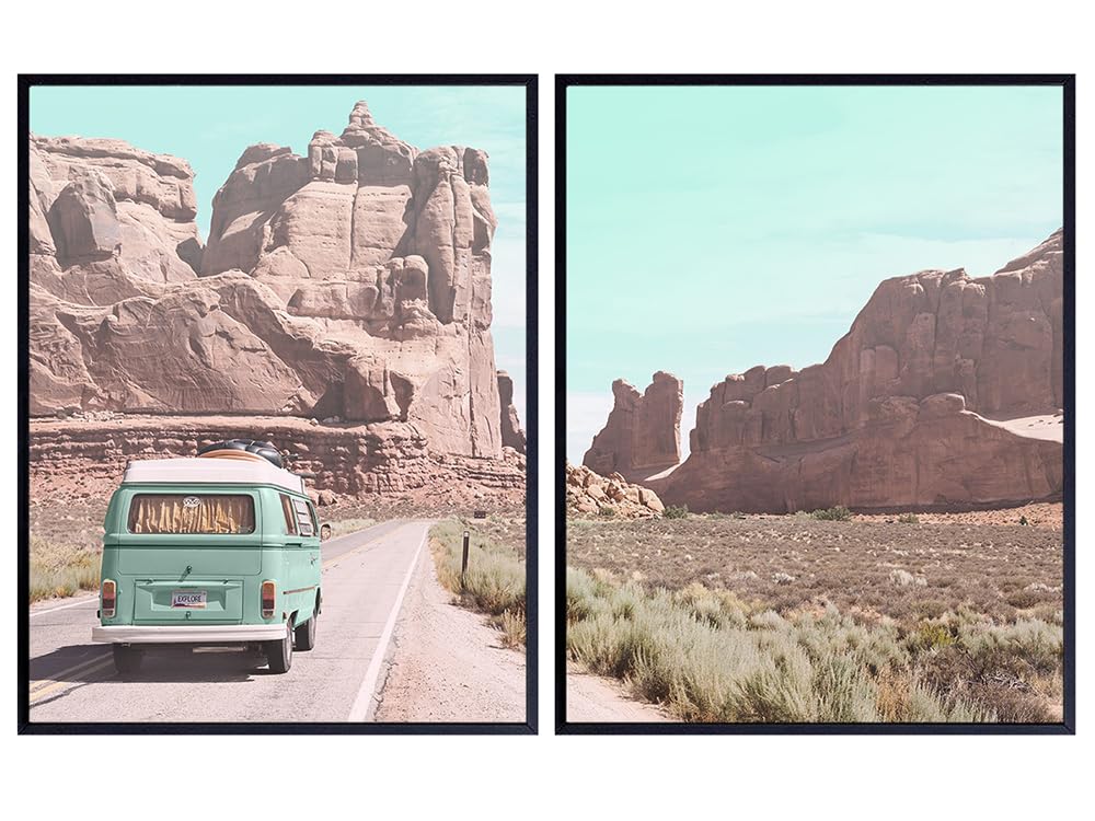 Desert Cactus Travel Photo Set - 8x10 Volkswagen Van Picture Posters - Gift for American West Photography Fans - Unframed Wall Art Prints