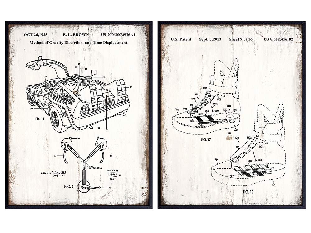 Back Future Patent Prints - Marty McFly DeLorean Car Wall Art Poster Set - Rustic Home Decor for Boys, Kids Bedroom, Office, Game, Play, Family Room - Gift for Vintage Hollywood Movie Fans