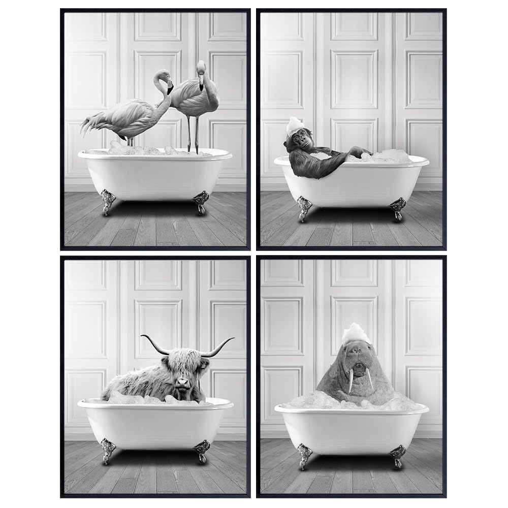 Bathroom Wall Decor for Kids Women Men - Bathroom Wall Art - Bathroom Pictures - Bath Wall Decor - Funny Cute Bathroom Accessories - Powder room Bathroom Sign - Cow Flamingo Walrus Chimpanzee