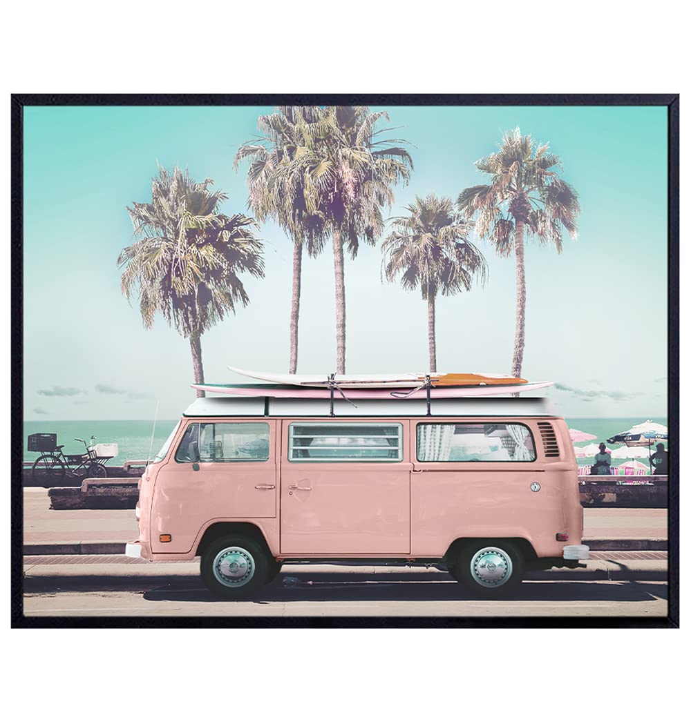 Ocean Beach House Wall Decor - Tropical Wall Art Photo for Summer Home, Living Room, Bedroom, Bathroom - Volkswagen Kombi Van Surf Camper - Vintage Themed Surfing Photograph - Gift for Surfer