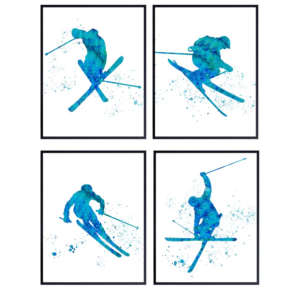 Freestyle Skiing Watercolor Wall Art Print Set - Cute Home Decor for Boys, Teens, Kids Bedrooms, Den and Office - Great Gift for Skiers and Extreme Sports Fans - Four 8x10 Photos - Unframed