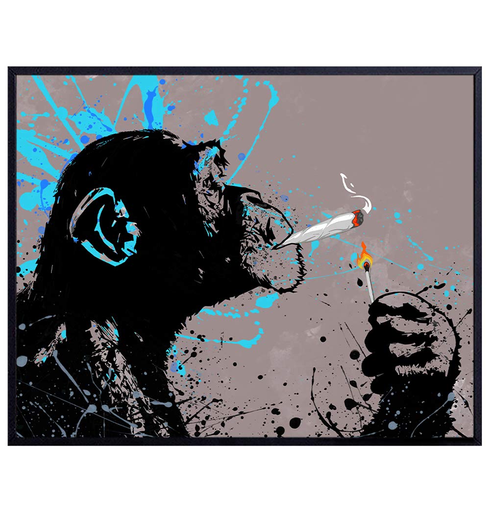 Original Marijuana Art - Pot Smoking Chimp - 8x10 Cannabis Monkey Poster Print - Cool Wall and Home Decor for Bedroom, Dorm - Funny Gift for Teens, Men - Unframed Photo Picture