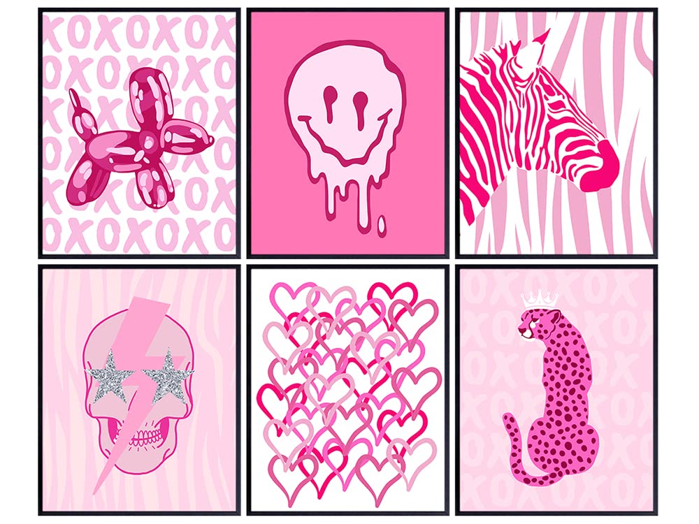 VSCO Room Decor - Aesthetic Room Decor - Preppy Room Decor - Pop art Retro style Wall Art - Funky Trendy Wall Decor - Smiley Face Balloon Dog Skull Poster - Girls Bedroom Decor - Indie Room Decor Pink