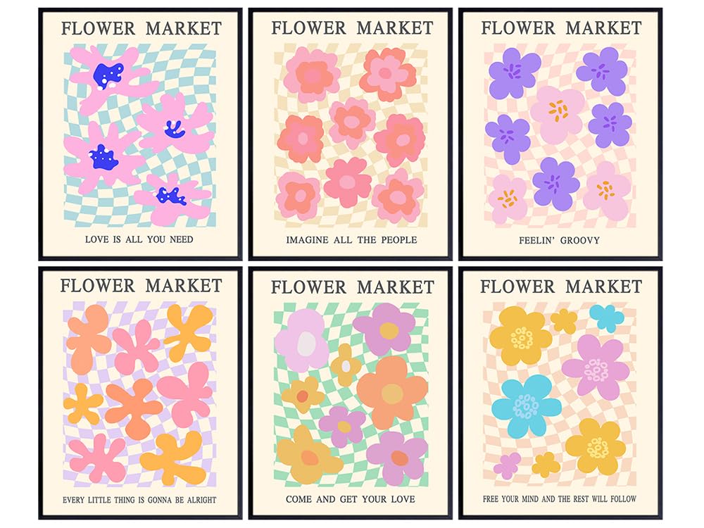 Minimalist Abstract Art - Mid-century modern Boho Wall Decor - Aesthetic Wall Collage Set - Gallery Wall Art - positive Quotes Flower Market Sign - Trendy 70s Retro Modern art - Henri Matisse Style