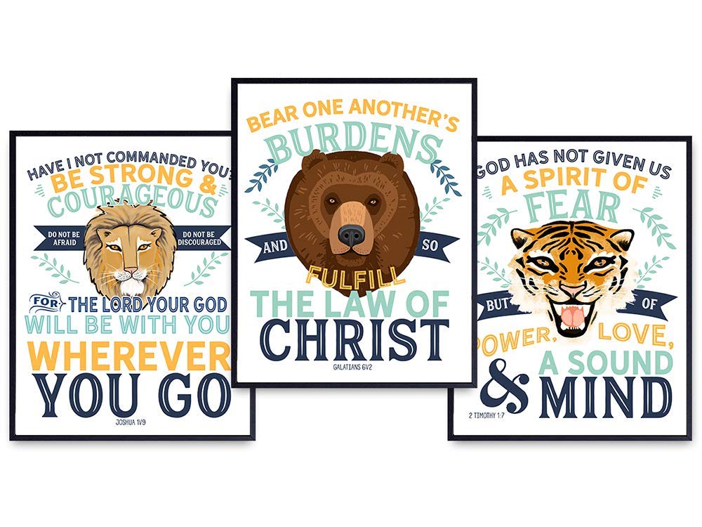 Religious Educational Christian Home Decor Wall Art Set - Scripture Bible Verse Quotes - Jungle Animals Decorations for Boys Bedroom, Kids Room, Sunday School, Church - Inspirational Motivational