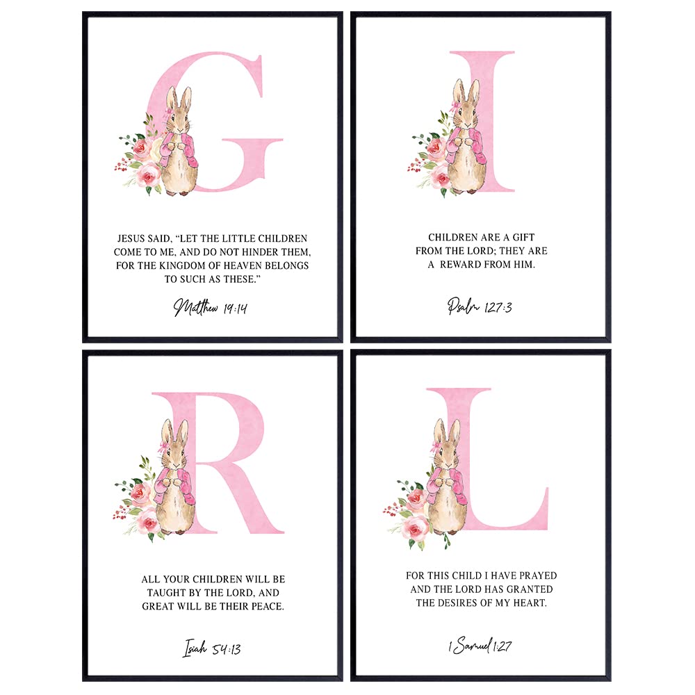 Religious Christian Baby Girl Room Decor - Baby Girl Nursery Decor - Baby Girl Wall Art - Scripture Wall Art - Bible Verses Wall Decor - Baby Shower Gifts - Toddler Girls - Pink Peter Rabbit Decor