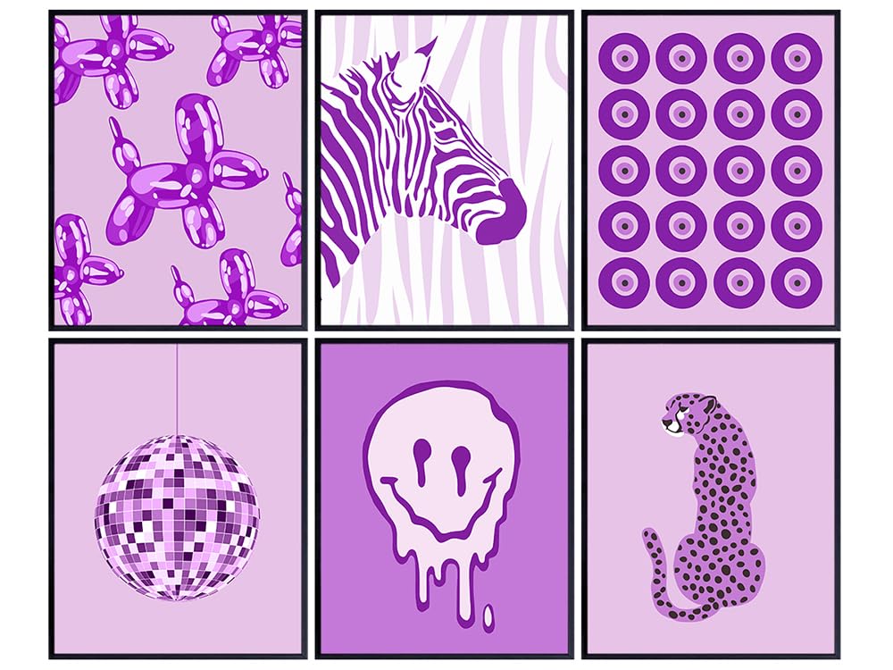 Preppy Room Decor Aesthetic - Trippy Smiley Face Wall Art - Indie Grunge Contemporary art - Purple Dorm Room Retro Poster Wall Collage - Living room, Girls Bedroom Decor - Balloon Dog Cheetah