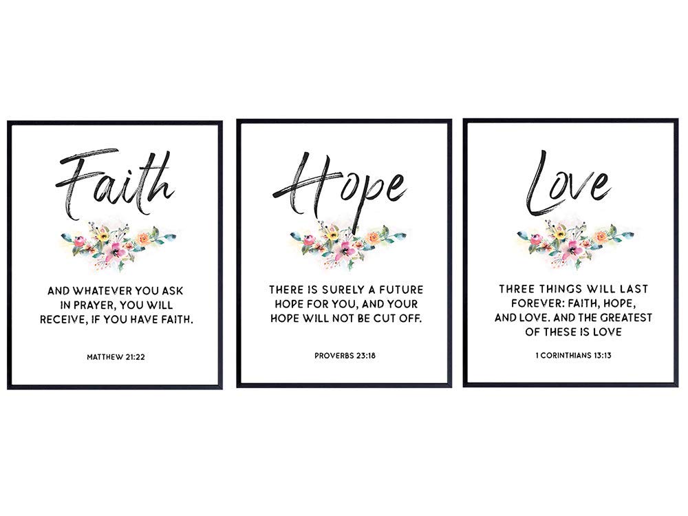 Religious Christian Wall Art Decor - Inspirational Faith, Hope, Love Bible Verse Wall Art - Scripture Wall Decor Signs - Home Decorations for Kitchen, Living or Dining Room, Bedroom - Unique Gift