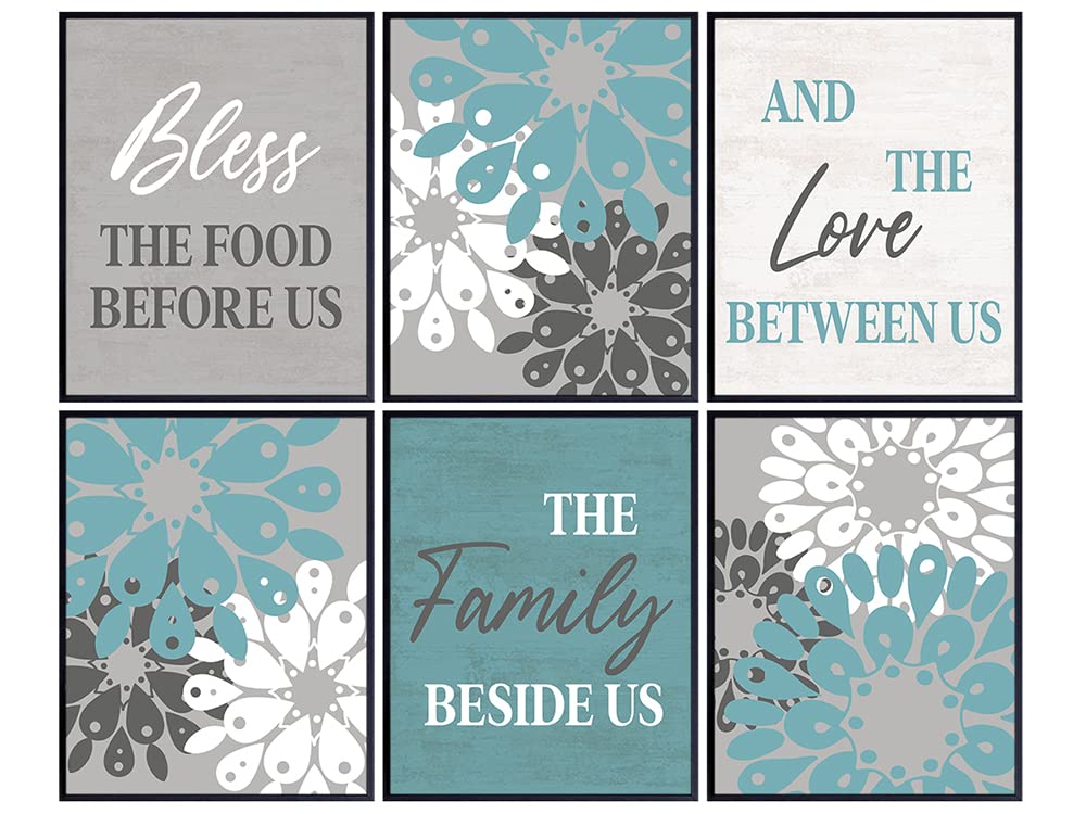 Dining Room, Kitchen Decor - Bless the Food Before Us Sign - Teal Blue Wall Art Set - Vintage Style Home Decor - Gift for Cooks and Chefs - Great Engagement, Anniversary or Birthday Gift for Women