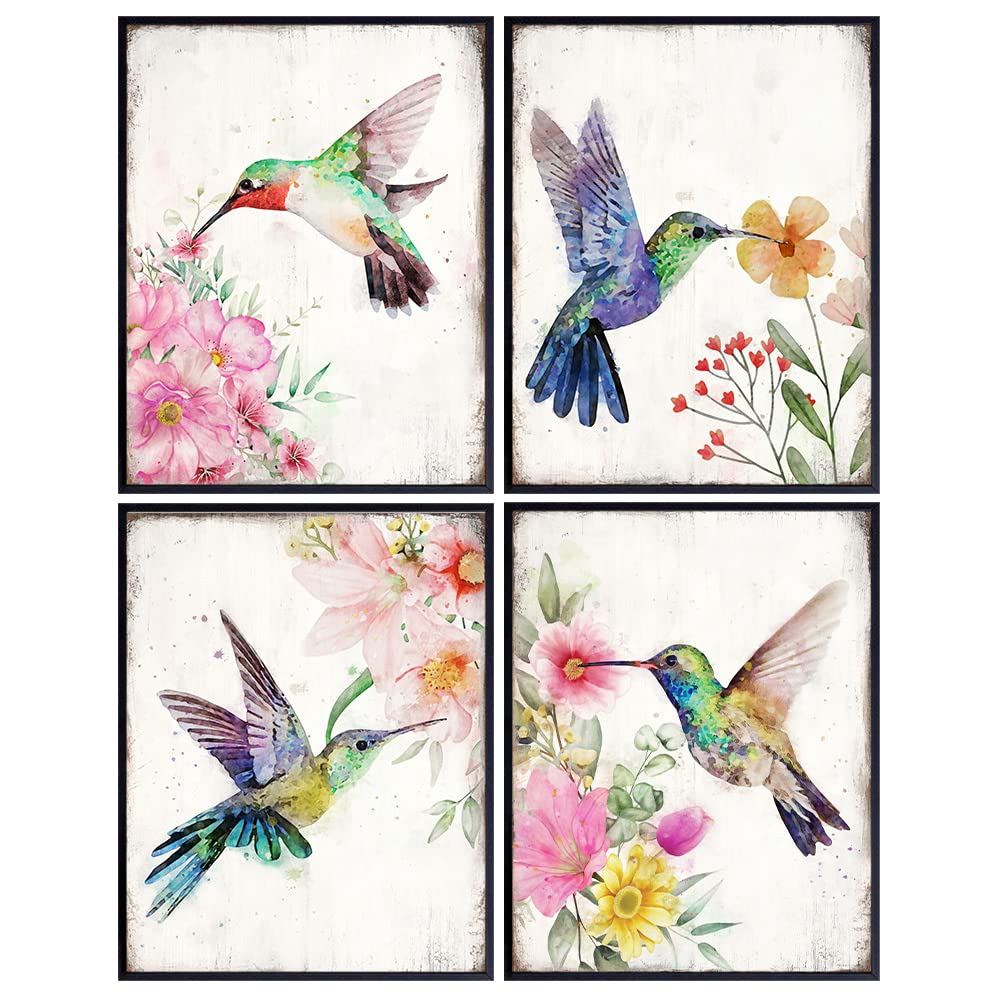 Hummingbirds Wall Art - Pink Blue Green Country Floral Shabby chic Decor- Bedroom Decor for Women - Cute Living room Wall Decor - Girls Room Decor Poster Set - Farmhouse print decoration UNFRAMED 8X10