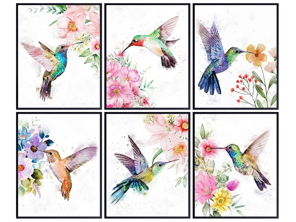 Hummingbirds Boho Wall Art - Shabby chic Wall Decor - Country Farmhouse Wall Decor - Pink Blue Cute Bedroom Decor for Women - Living room Wall Art - Girls Room Decor - Floral Kitchen decoration