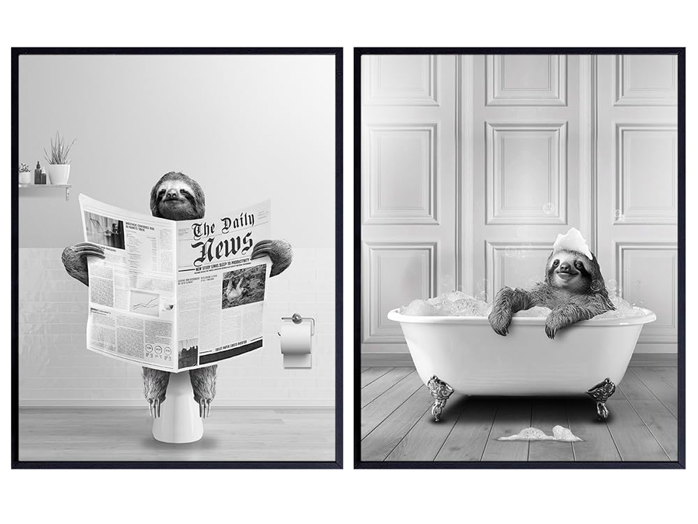 Kids Wall Decor Bathroom Set - Gray Bathroom Decor - Black and White funny Wall Decor for Women - Cute Sloths - Kids Art for Boys, Girls - Modern Bathroom Wall Art - Powder Room, Restroom Accessories