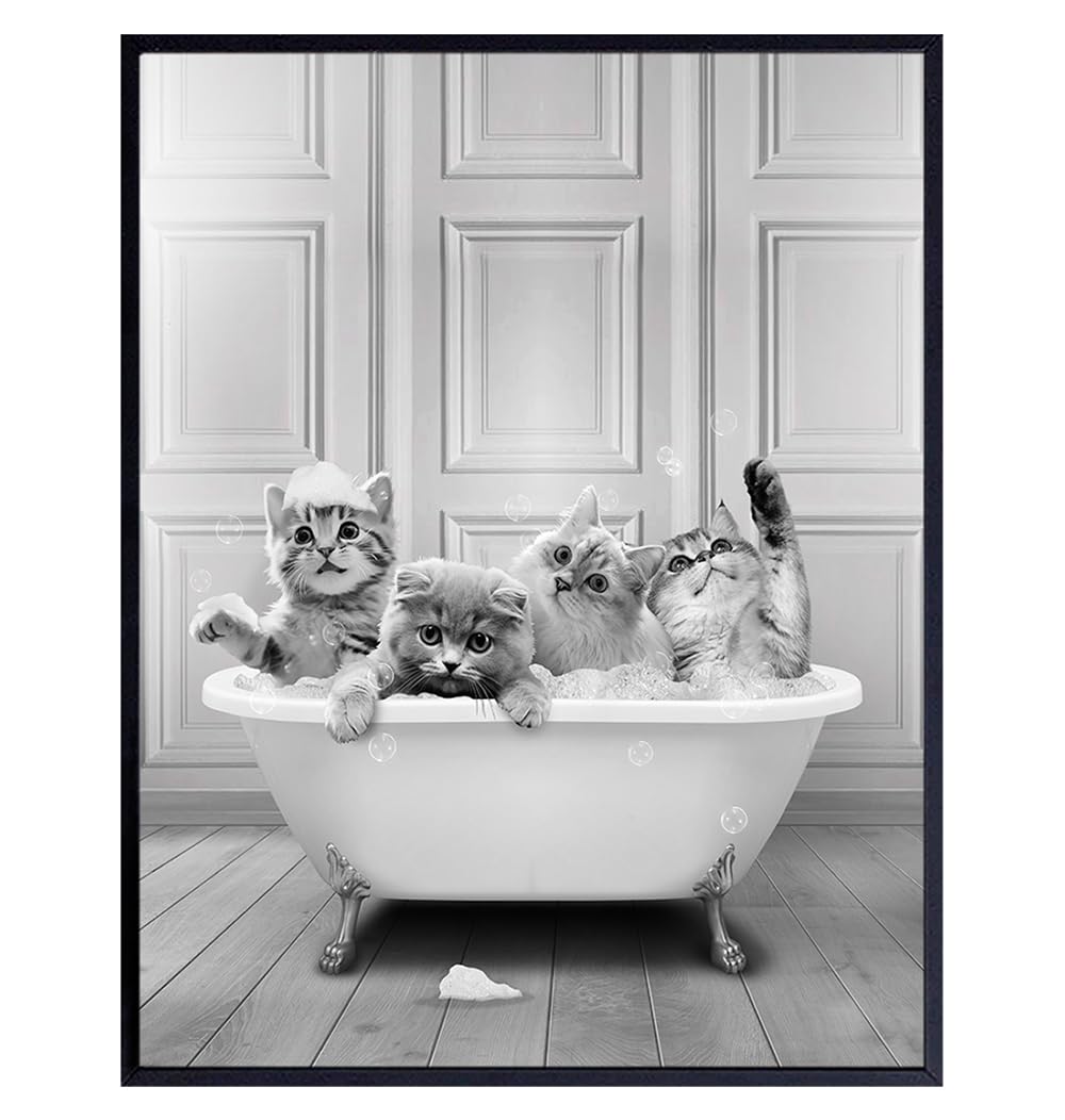 Cat Bathroom Wall Art &amp; Decor - Cute Cat Wall Decor - Cat Themed Gifts for Women, Cat Mom, Baby Girl - small Bathroom Accessories - funny Cat Decorations Picture Poster - Kids Bathroom Decor