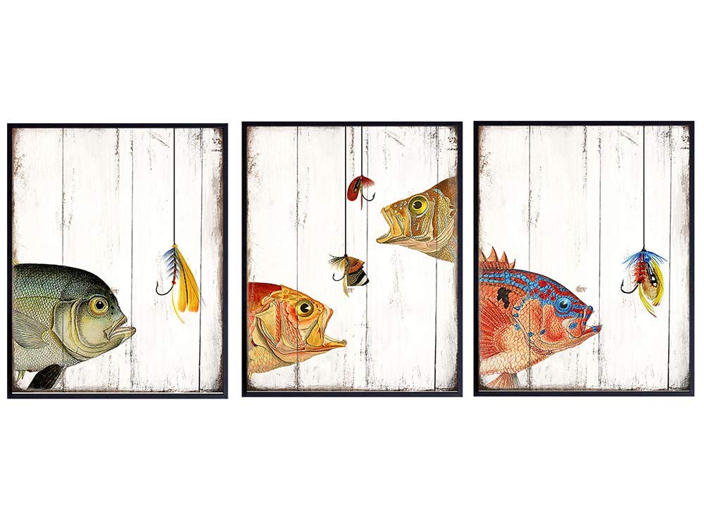 Fish Wall Decor - 8x10 Fishing Lures Wall Art Poster - Rustic Vintage Shabby Chic Decorations Set for Beach or Lake House, Farmhouse, Country Cottage, Home, Office, Living Room, Bedroom - Unique Gift