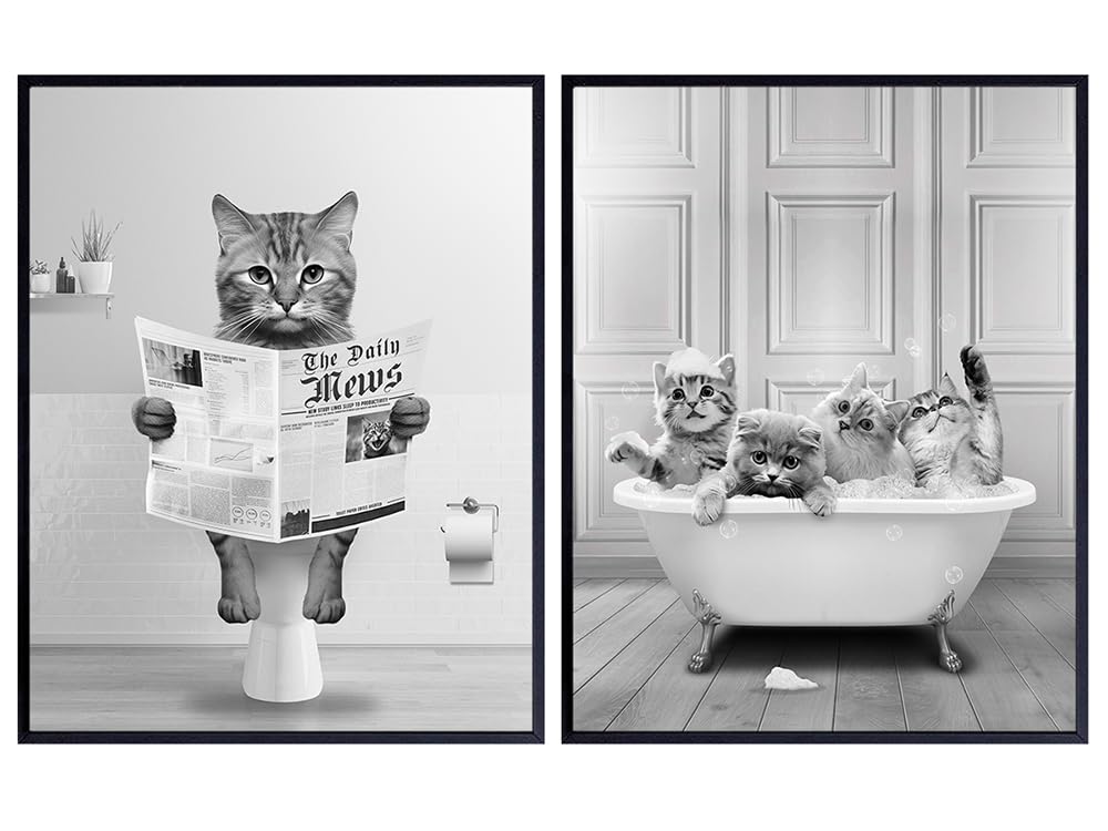 Cat Lovers Bathroom Wall Decor 11x14 - funny Kids Bathroom Wall Art Pictures Set - Cute Cat Stuff - Bathroom Decor for Women, Girls - Baby Bathroom Accessories - Tabby cat Mom Gifts - Bathroom Signs