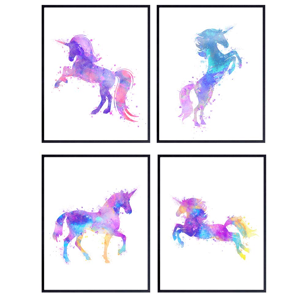 Purple Unicorn Watercolor Wall Art Prints - Unframed Set of Four - Perfect Gift for Girls Room or Nursery - Chic Home Decor - Ready to Frame (8x10) Photos
