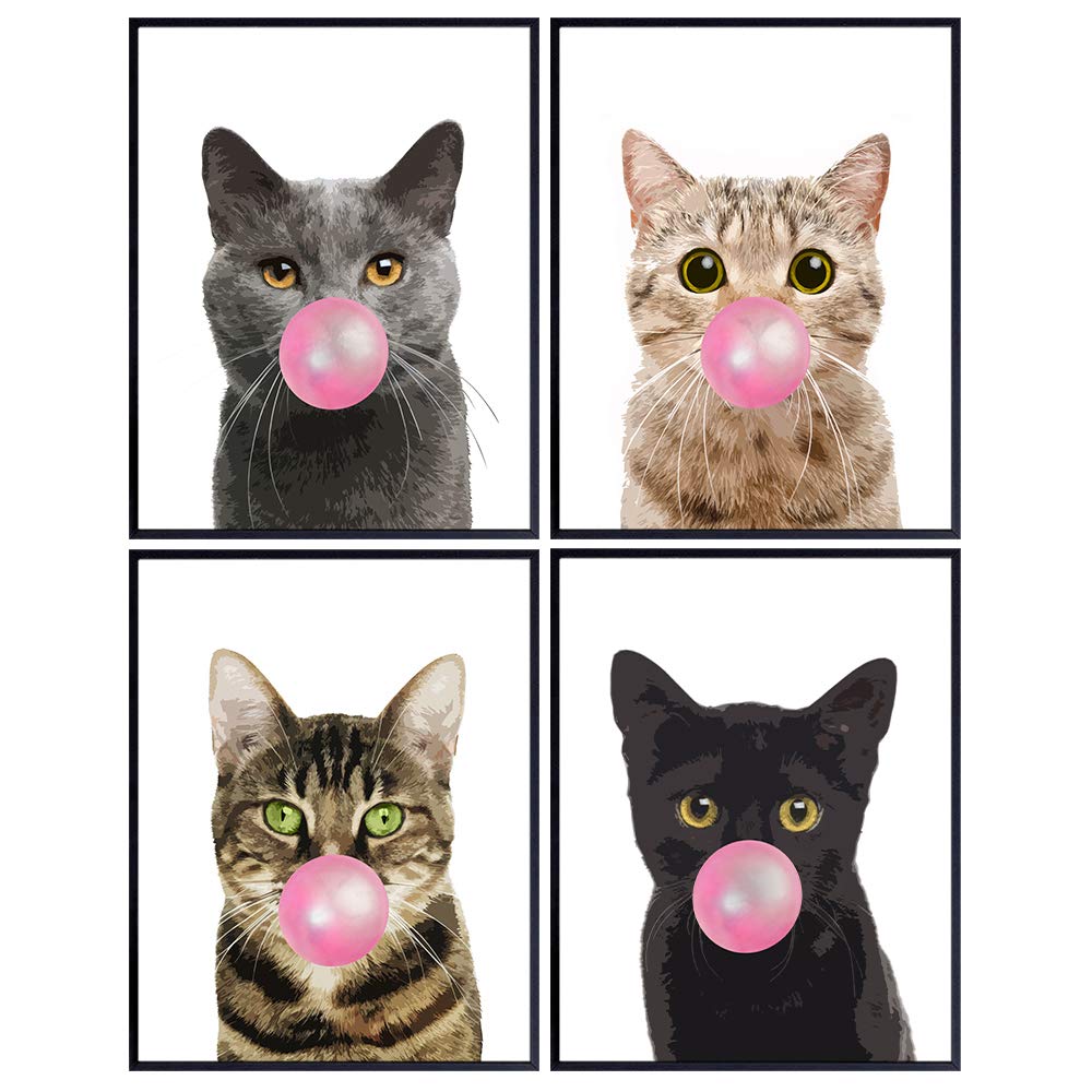 Cat Lover Wall Art 11x14 - Cute Cat Gifts for Women - Tabby, Gray, Black Cat Decorations - Kitty Bubble Gum Room Decor for Kids Bedroom, Nursery, Living Room, Girls Room - Kitten Cat Gifts Poster Set