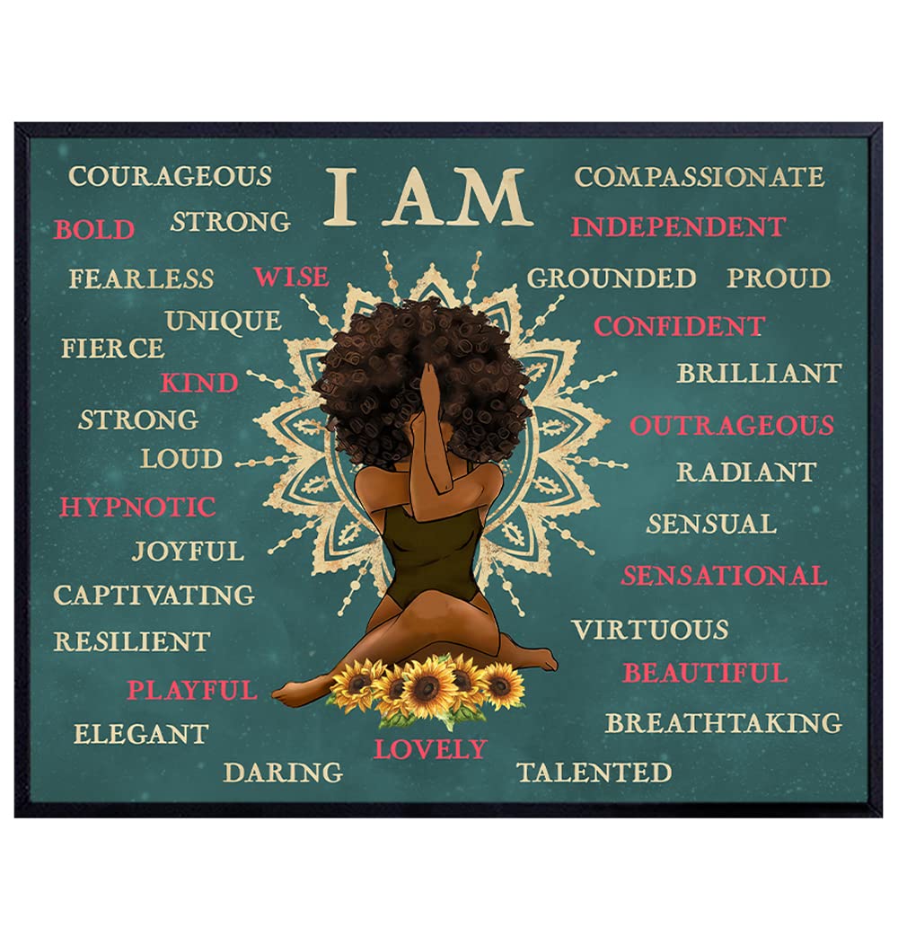 African American Black women Wall Art &amp; Decor -Motivational Inspirational Wall Decor - I Am Positive Affirmations Poster - Zen Meditation New Age Home Decor - Encouragement Gifts - Positive Quotes
