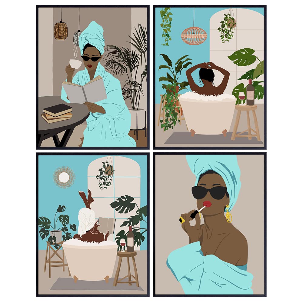 Light Blue African American Bathroom Decor Set - African American Women - Minimalist Abstract Wall Art - Afro Black Art - Black Culture - Guest Bath, Powder Room, Restroom Spa Decorations Accessories