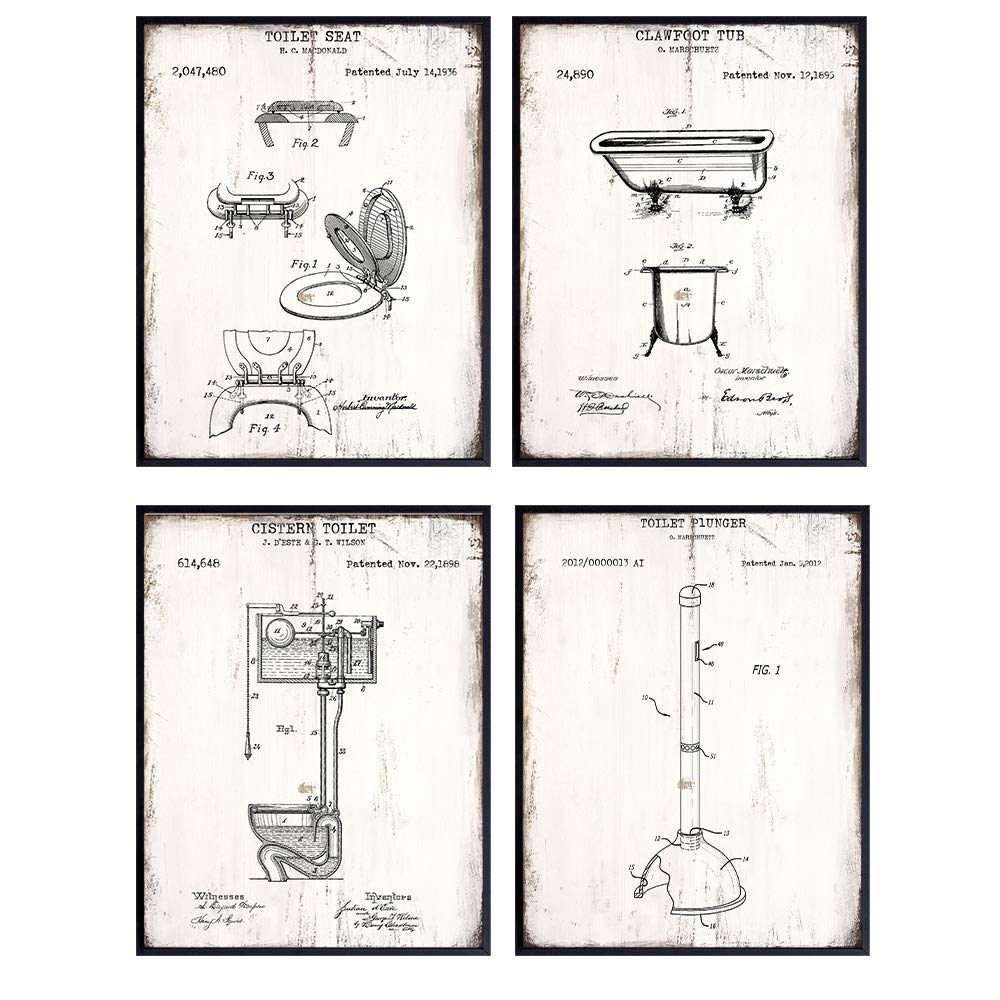 Original Patent Bathroom Wall Art Print Set - 8x10 Photo Pictures - Rustic Shabby Chic Home Decor, Bath Decoration - Unique Vintage Housewarming Gift - Unframed Poster