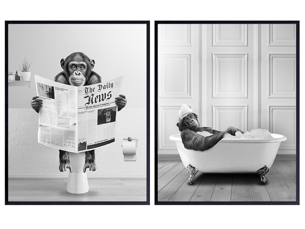 Funny Bathroom Wall Art for Men - Cute Gray Bathroom Accessories - Bathroom Pictures Decorations - Bath Wall Decor - Monkey Chimp Wall Art - Restroom Sign - Powder room - Small Bathroom Picture Set