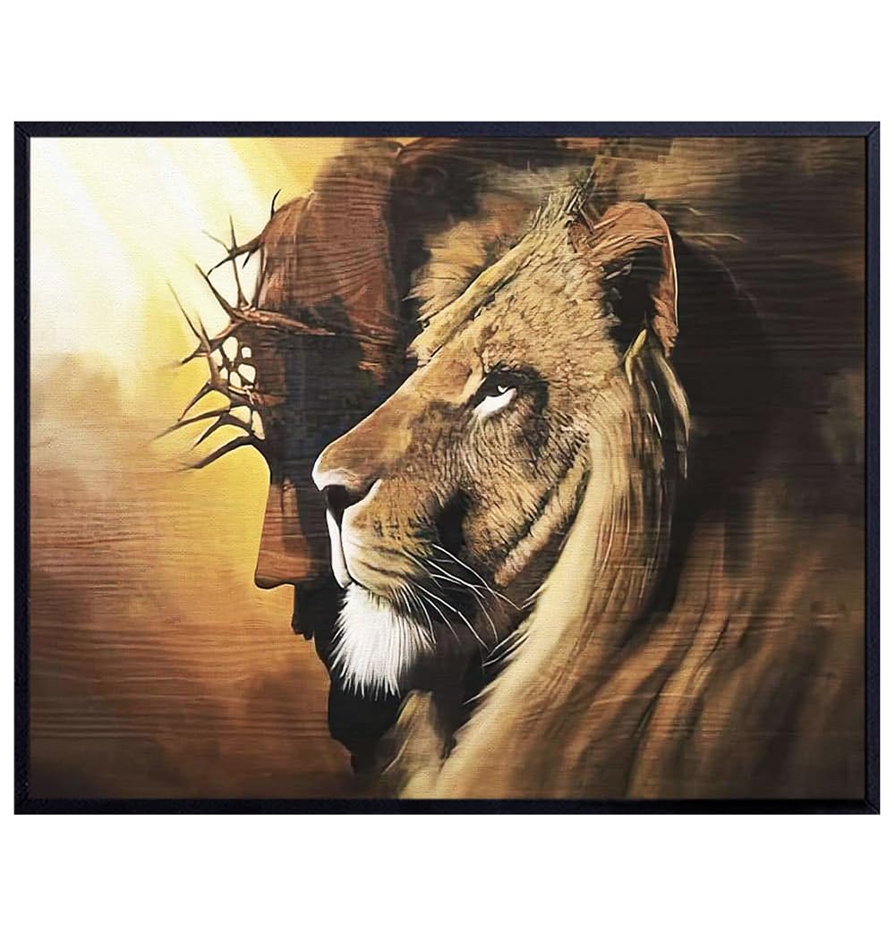 Jesus Wall Decor for Men - Christianity God Poster for Man cave, Garage, Home Gym, Church - masculine Lion Religious Wall Art for Faithful, Thankful, Grateful, spiritual Men - Christian Gifts for Boys