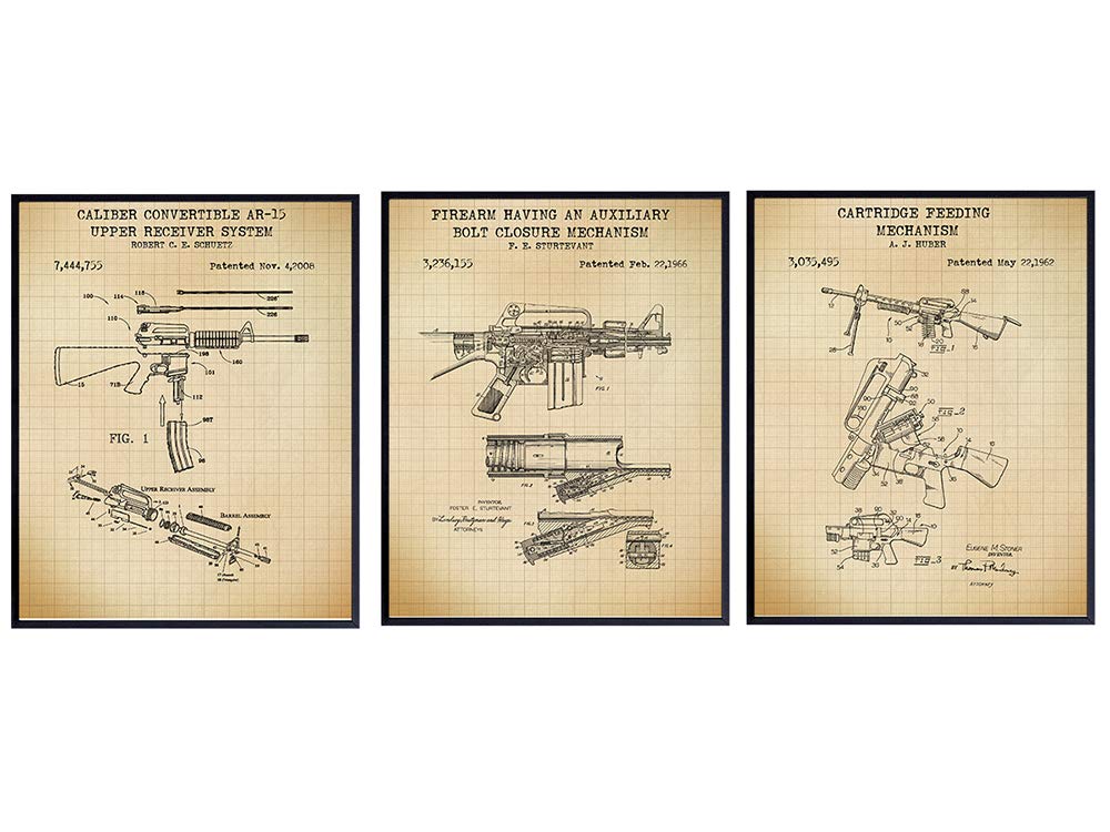 AR-15, M-16 Gun Patent Art Prints - Vintage Weapon Wall Art Poster Set - Home Decor for Man Cave, Office, Living Room, Game, Family Room - Gift for 2nd Amendment, NRA, Military, Firearms, Rifle Fans