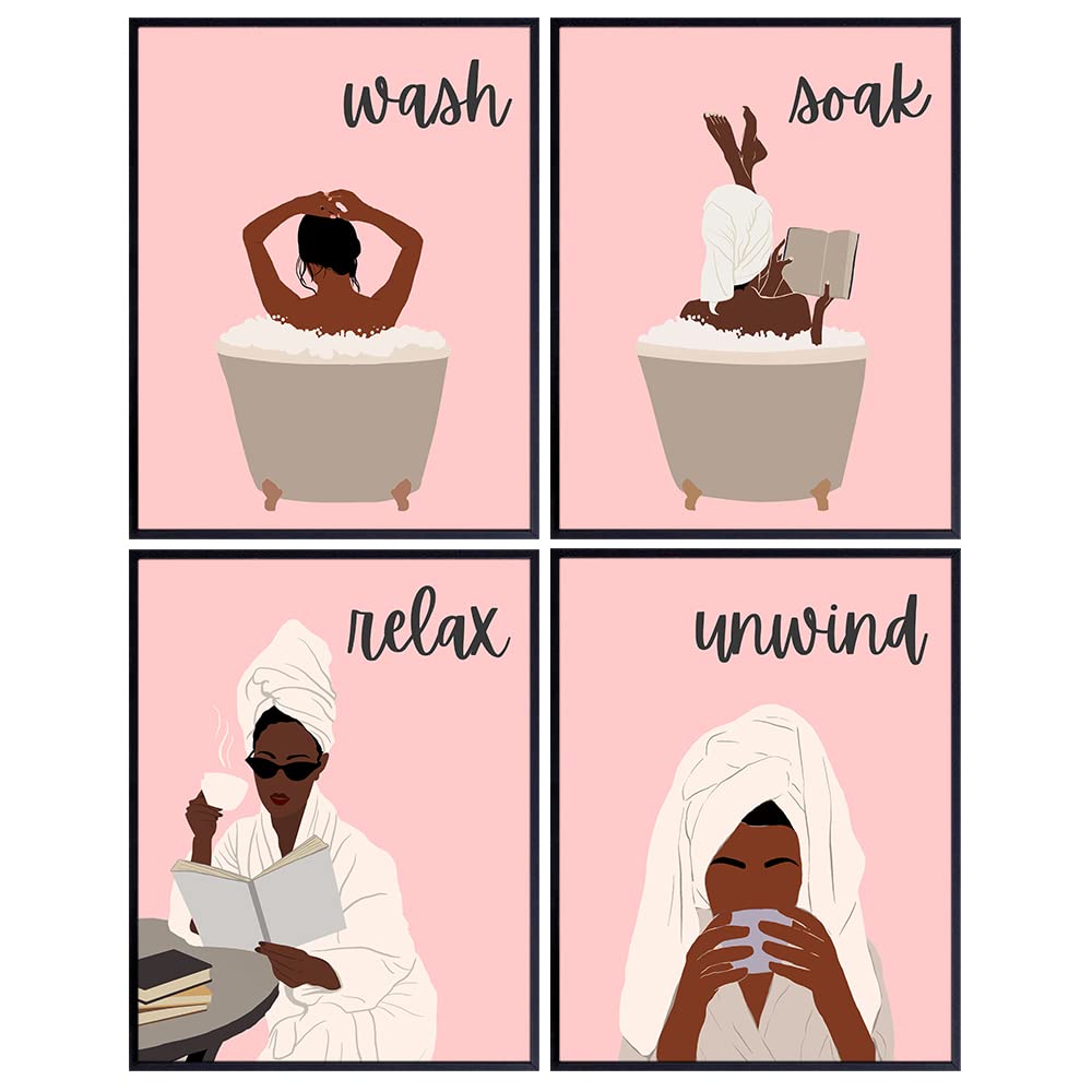 Relax Soak Unwind Wall Art Bathroom Decorations Set - Black Art for African American Women - Pink Mid Century Modern Abstract Minimalist Bath Wall Decor - Restroom Sign - Guest Bathroom - Powder Room